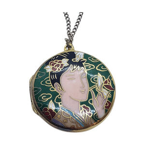 Vintage Cloisonné Enamel Locket Necklace Art Nouveau Floral Asian woman 2 Sided